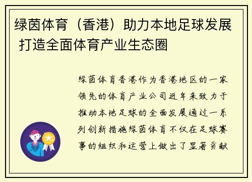 绿茵体育（香港）助力本地足球发展 打造全面体育产业生态圈