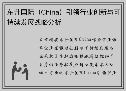 东升国际（China）引领行业创新与可持续发展战略分析