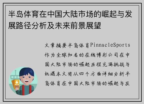 半岛体育在中国大陆市场的崛起与发展路径分析及未来前景展望