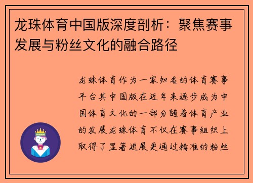 龙珠体育中国版深度剖析：聚焦赛事发展与粉丝文化的融合路径